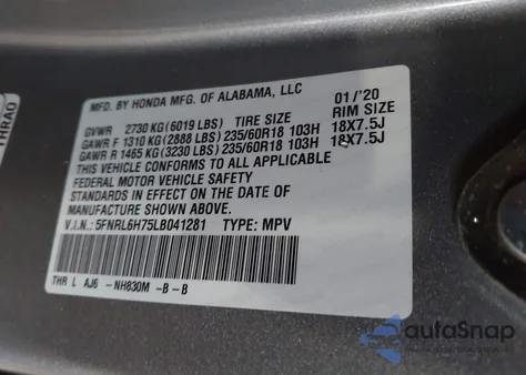 2020 Honda Odyssey Ex-L/Ex-L W/Navi Res z USA, uszkodzony, nr VIN 5FNRL6H75LB041281